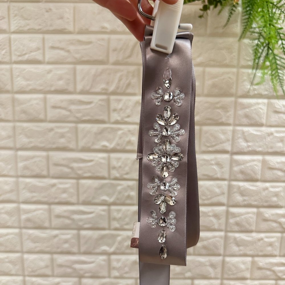 Silver Satin Flower Girl Belt with Beaded Details